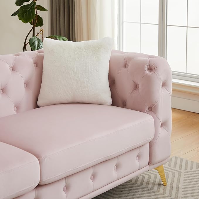 KEIKI 61" Luxury Oversized Velvet Chesterfield Sofa with 2 Pillows, Mid-Century Style 2-Seater Tufted Buttons Couch with High-Density Foam Cushions, Easy Assembly, for Apartment, Living Room, Pink