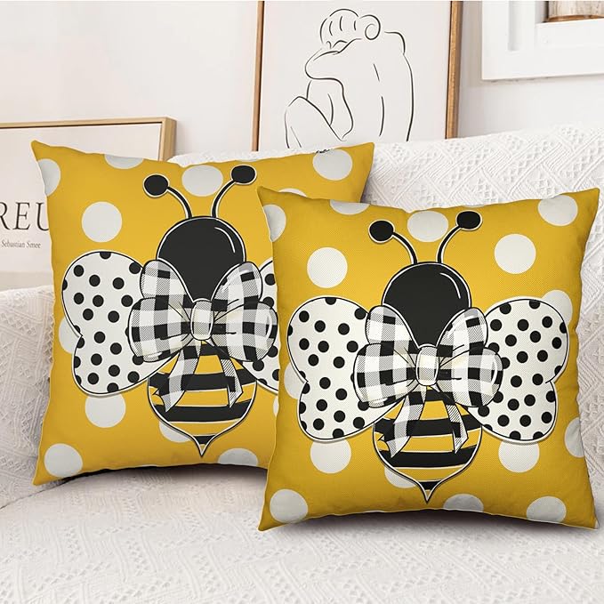 Bee Pillow Covers 22x22 Inch Spring Summer Bumblebee Farmhouse Decorative Pillowcase Set of 2 Yellow White Polka Dots Outdoor Pillows Cases Soft Linen Cushion Cover for Home Couch Sofa
