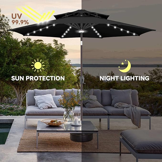 9FT Solar Umbrella Outdoor - 2-Tier Lighted Solar Patio Umbrella with 40 LED Lights Waterprool UV Protection, Table Umbrella with Tilt for Pool, Porch, Garden, Backyard (Black)