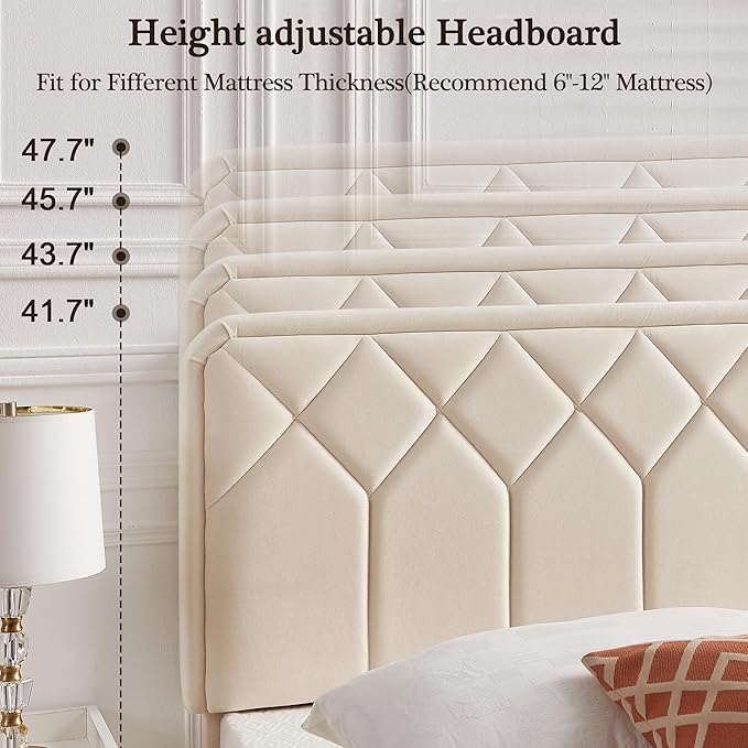 VECELO Twin Size Bed Frame Premium Velvet Upholstered Platform with Height Adjustable Headboard/Mattress Foundation, Solid Wooden Slat Support, No Box Spring Needed/Easy Assembly