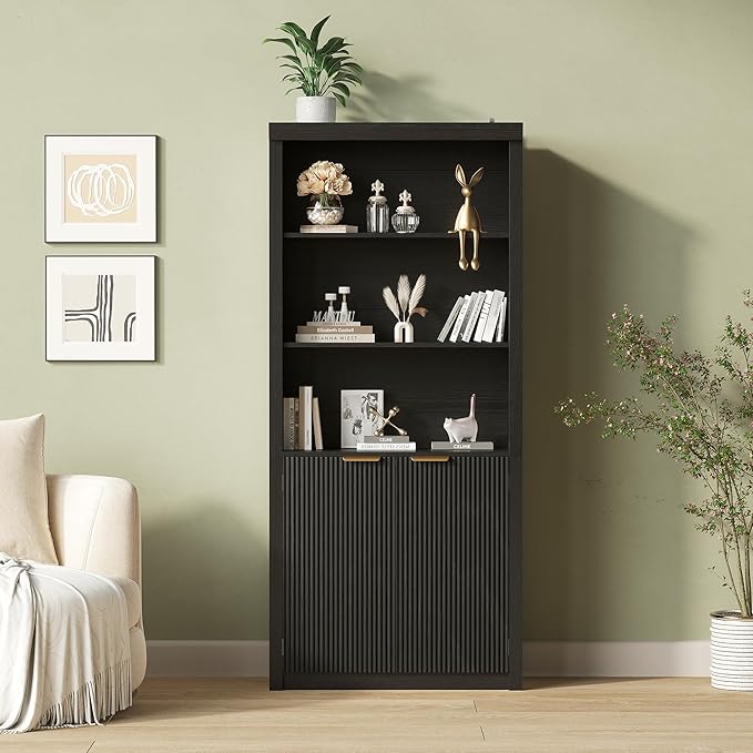Garvee 71" Tall Bookshelf with Fluted Doors, 5 Tier Bookcase Display Shelves with Storage Cabinet & Adjustable Shelf, Mid-Century Modern Bookshelves for Home Office, Living Room, Black