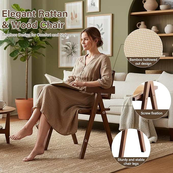Rattan Accent Chairs, Modern Mid Century Dining Chairs Set of 4, Comfy Armchairs, Outdoor Rattan Chairs with Armrest for Bedroom Living Room Reading Room Dining Kitchen, Brown