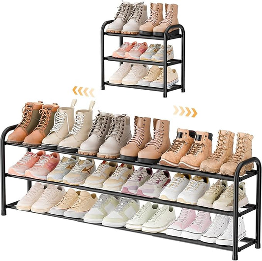 ENJOYBASICS Expandable Shoe Rack, 46.5'' Wide - 20 Pairs Adjustable Shoe Organizer Shelf for Closet, 3-Tier Black Metal Free Standing Shoe Rack Storage for Small Space, Entryway