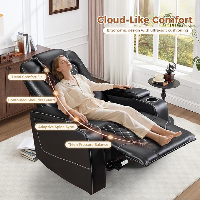 ANJ Power Recliner Chair with USB Ports and Cup Holders - Overstuffed Electric Home Theater Seating PU Leather Reclining Furniture with Hidden Arm Storage, Easy to Clean ，Black