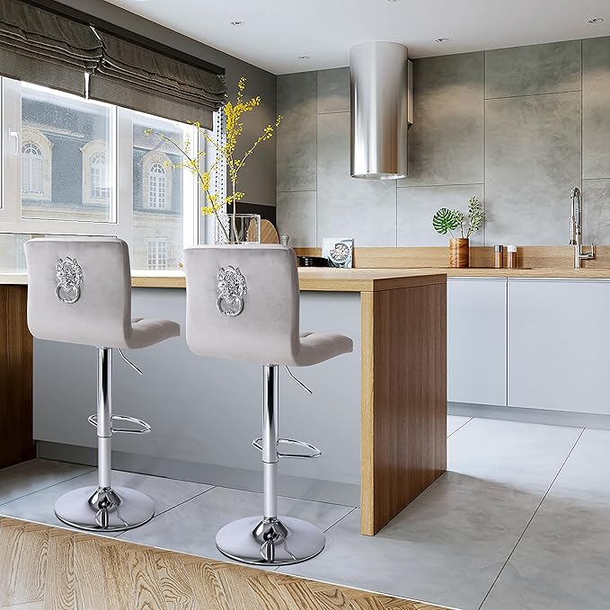 Finnhomy Bar Stools Set of 2 Counter Height, Swivel Barstools with Footrest and L Shape Thicken Cushion Back Handle, Height Adjustable Modern Bar stools for Kitchen, Velvet Fabric, Light Grey