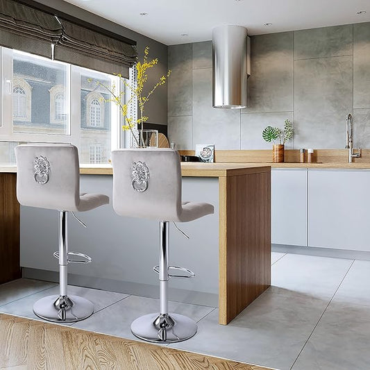 Finnhomy Bar Stools Set of 2 Counter Height, Swivel Barstools with Footrest and L Shape Thicken Cushion Back Handle, Height Adjustable Modern Bar stools for Kitchen, Velvet Fabric, Light Grey