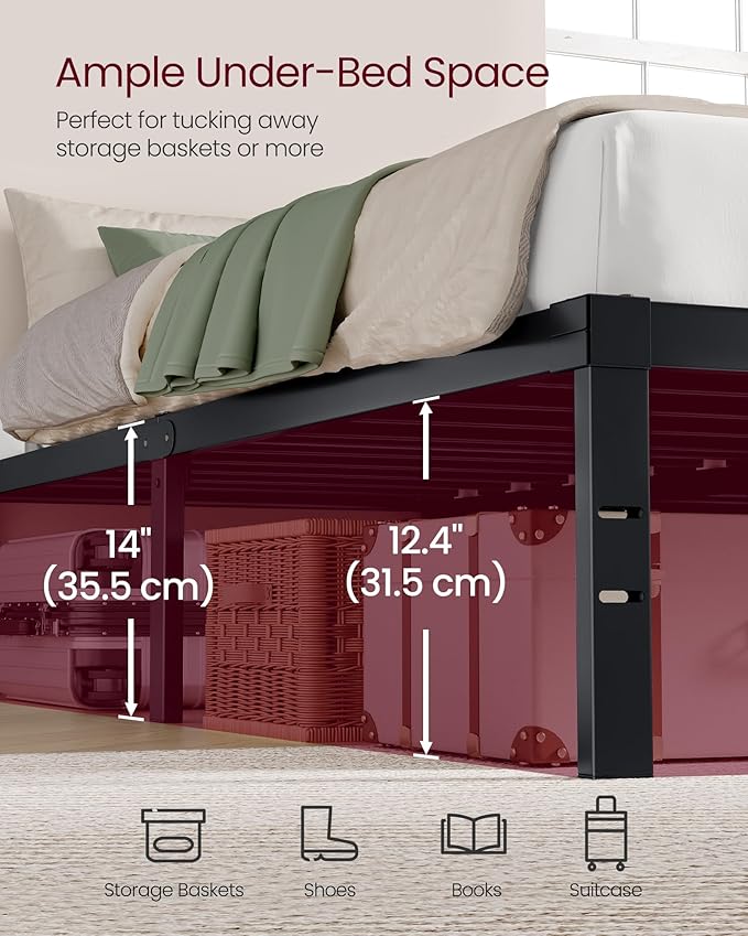 VASAGLE Twin Metal Bed Frame 14 Inches Tall, 550 lb Weight Capacity, No Box Spring Needed, with Under-Bed Storage, Easy Setup, Heavy-Duty Platform Bed, Mattress Retainers, Matte Black URMB653BD02S