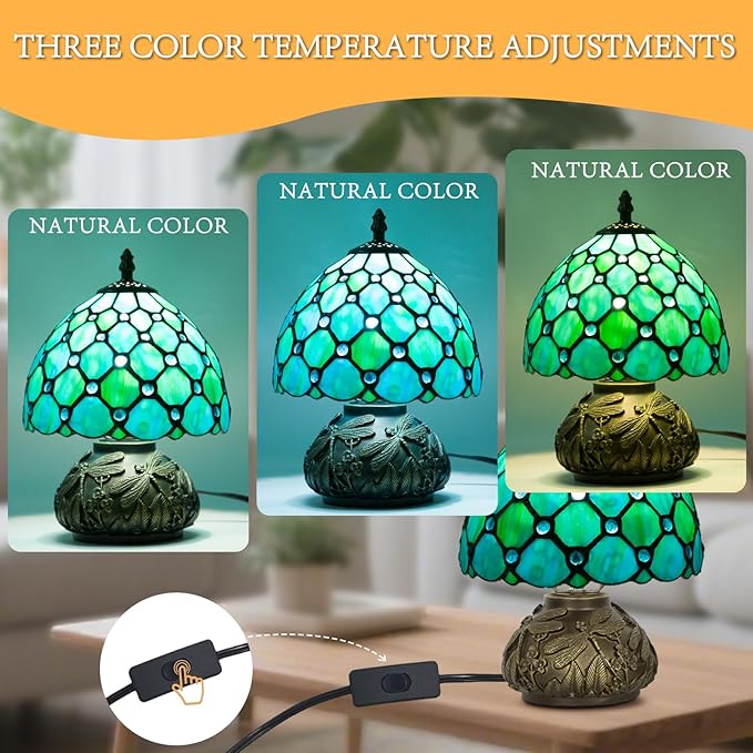 JHuiLap Small Tiffany Stained Glass Lamp, 3 Color Temperatures Bedside Lamp, 8 Inch Blue Pearl Beads Style Mushroom Desk Light for Bedroom Living Room Office Home Decor (Blue)