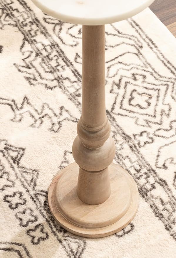 Kate and Laurel Wegner Transitional Wood and Marble Round Drink Table; 8 x 8 x 23; White Marble and Light Natural Wood; Modern Pedestal Table for Use as Indoor Plant Stand or Decorative Mini Table