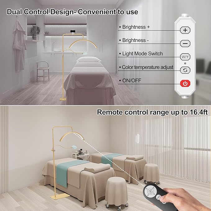 AURELLE Half Moon Lash Light - Adjustable LED Floor Lash Lamp with 4X Magnifier & Phone Holder for Eyelash Extensions,Nail Art,Tattoo,Skincare,Salon SPA-Dimmable Brightness,Rotating Head, Gold