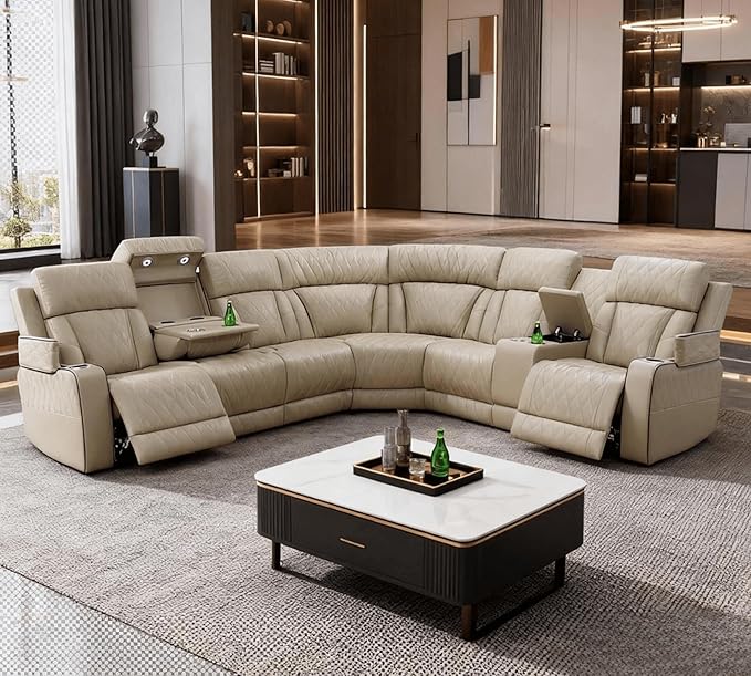 Power Recliner Sectional Sofa with LED Lighting, Breathing Leather Corner Couch with USB Port and Storage Console, Cup Holders, Reading Light – Home Theater & Living Room Seating (Beige)