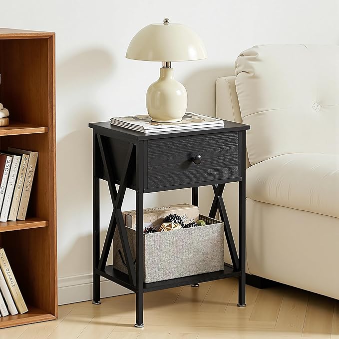 VECELO Night Stand Set of 2, End Tables with Drawer, 2-Tier Bedside Tables with X Shaped, Side Table Stand with Storage Shelf for Living Room/Bedroom,Black