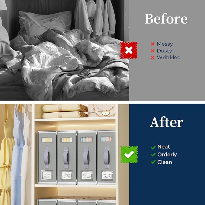 Yecaye 6 Pack Bed Sheet Organizers and Storage(King & Queen Size), Foldable Bed Sheet Organizer for Linen Closet, Bedding Storage Box with Window for Bedsheets, Duvet Cover and Pillowcase