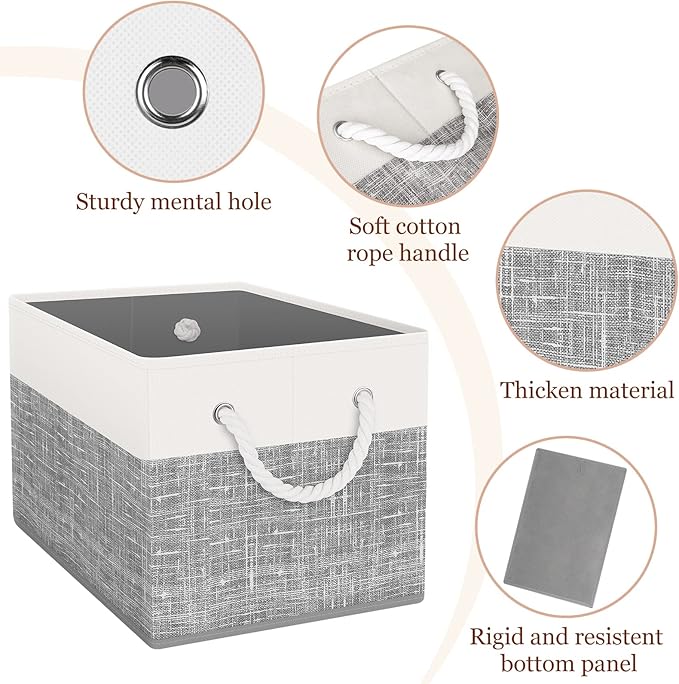 Storage Bin,Collapsible Storage Basket For Organizing,Large Storage Boxes With Rope Handles,Storage Containers,White & Grey,4 Pack