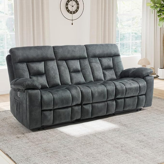 CANMOV 3 Seat Manual Recliner Sofa, Modern Reclining Sofa with Overstuffed Armrest, Hidden Cup Holders, for Living Room, Greenish-Gray
