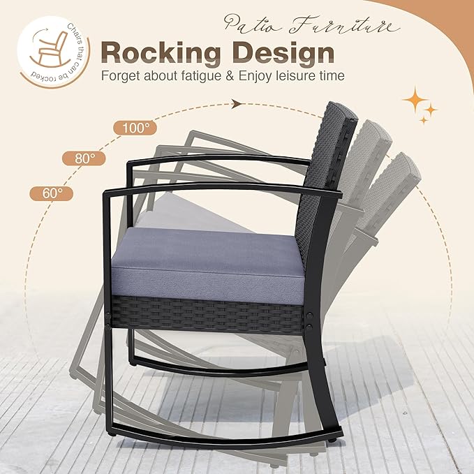 Greesum 3 Pieces Outdoor Furniture Set Patio Bistro Rocking Chairs with Glass Coffee Table for Pool Beach Backyard Balcony Porch Deck Garden, Gray