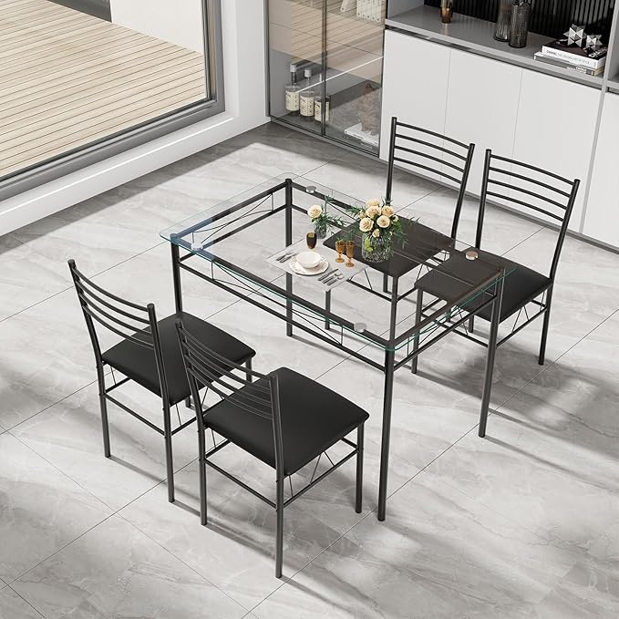 NAFORT 5-Piece Dining Table Set for 4, Modern 3/8'' Tempered Glass Kitchen Room Table with 4 Upholstered Dining Chairs, Space-Saving Dinette Tables with Metal Frame for Apartment, Office