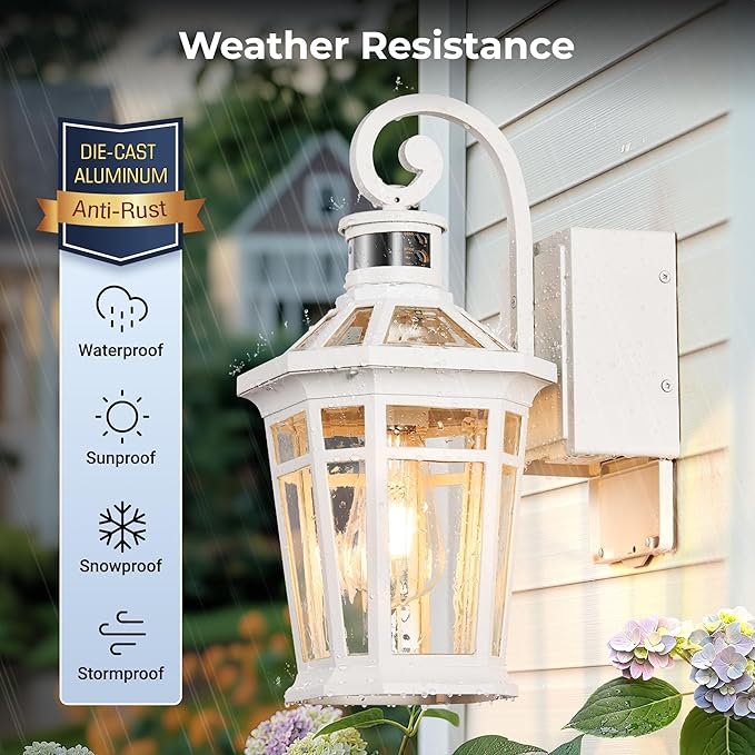 Motion Sensor Porch Light with Outlet, White Exterior Lighting Fixtures with GFCI Outlet, Outdoor Wall Lantern with Beveled Glass, Adjust Sensitivity Exterior Wall Light, Outside House Lights