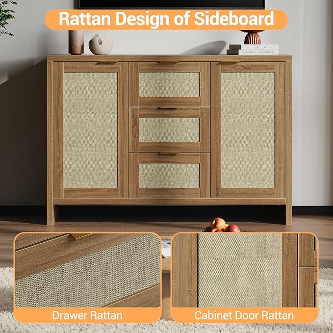 Modern Rattan Buffet Cabinet Sideboard with Storage,47" Boho Credenza Buffet Console Table with Drawers&Doors,Wooden Coffee Bar Cabinet for Entryway/Living Room/Farmhouse(Natural Oak,1pc)