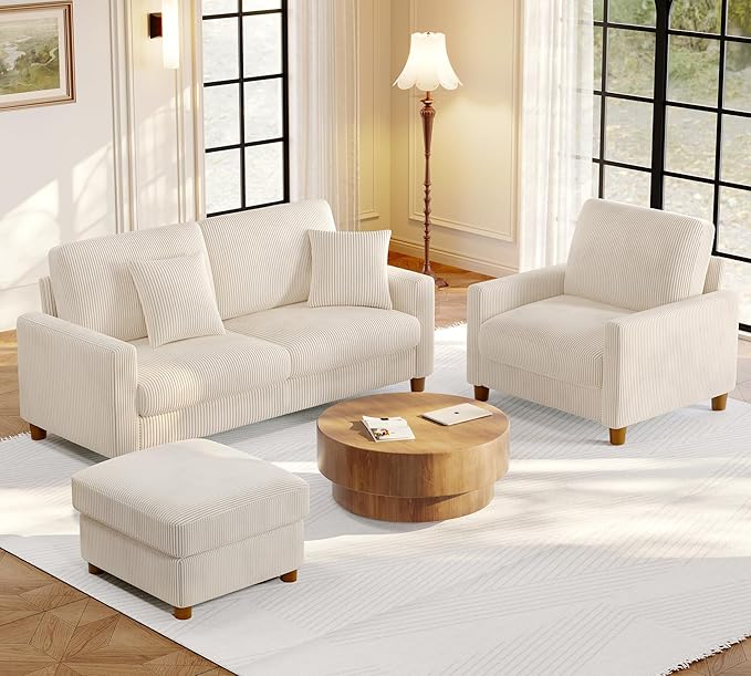 Welzona 70.2" Couches for Living Room, Comfy Sofa Set Tool-Free Setup, Corduroy Couch Set 7.1" Thicker Cushion, Accent Chair with Ottoman 848lbs Support, Sofas for Living Room Home Office, Beige