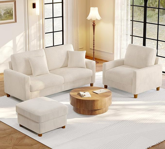 Welzona 70.2" Couches for Living Room, Comfy Sofa Set Tool-Free Setup, Corduroy Couch Set 7.1" Thicker Cushion, Accent Chair with Ottoman 848lbs Support, Sofas for Living Room Home Office, Beige