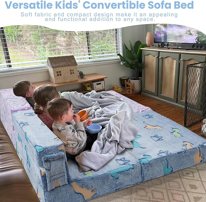MeMoreCool Foldable Futon Chair Bed for Kids, Glow Tri-fold Sofa Bed Convertible Toddler Sofa Mattress, Foam Floor Couch for Sitting, Blue