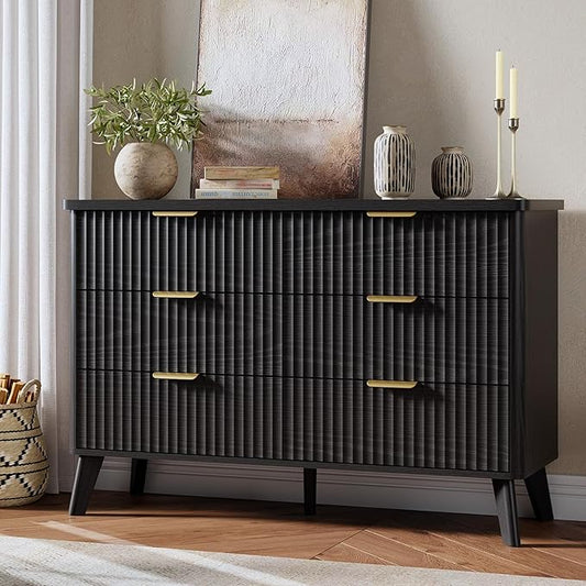 Garvee 6 Drawers Dresser for Bedroom, 47.2" Wide Dressers with Curved Profile Design, Fluted Wood Drawers with Gold Handle, Modern Chest of Dressers with Thickened Design for Living Room, Black