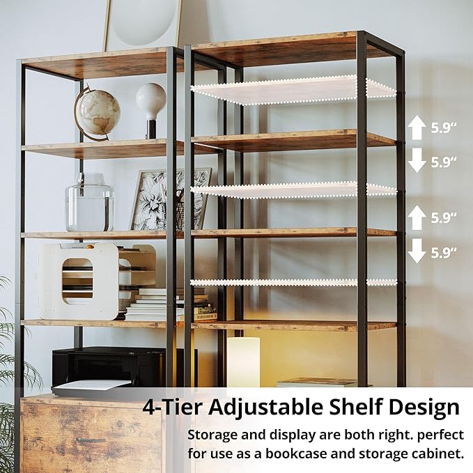 IRONCK Industrial Bookcase with File Cabinet Drawers, 71.6 in Tall Bookshelf 5 Tier, Freestanding Storage Home Office Cabinet Organizer, Rustic Home Decor, Vintage Brown