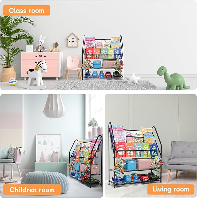 Bookshelf for Kids, Metal Kids Bookshelf, 5 Tier Kids Book Shelf and Toy Storage, Bookcase for Kids Room, Kids Book Storage for Bed Room Living Room (Large, Black)