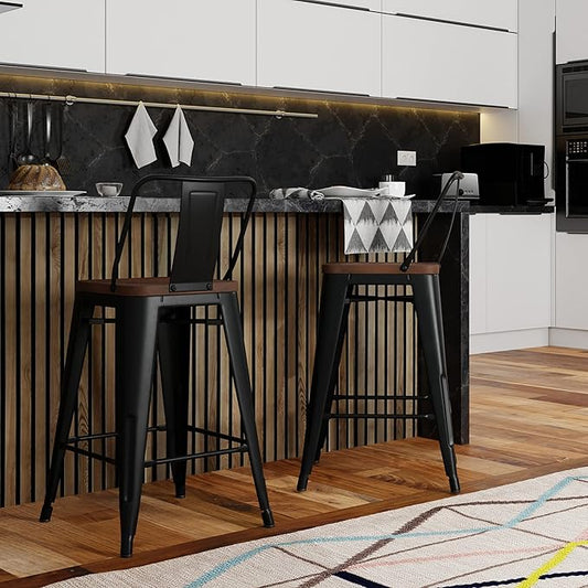 SIMPLIHOME Rayne Bar Stools (Set of 2) - 30 inch Seat Height Metal and Wood Chairs in Black, Industrial Seating for Kitchen or Bar with Curved Back, Footrest, and Elm Wood Seat