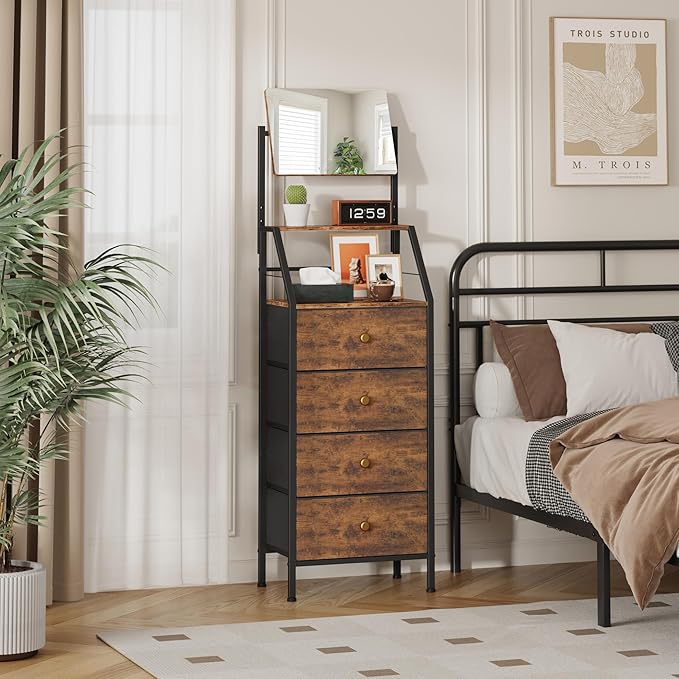 Dresser with Mirror, 4 Drawers Dresser with 2-Tier Shelves, Freestanding Fabric Chest of Drawers for Small Space, Tall Narrow Nightstand Vanity for Bedroom, Hallway, Dorm, Rustic Brown, 15.3"W