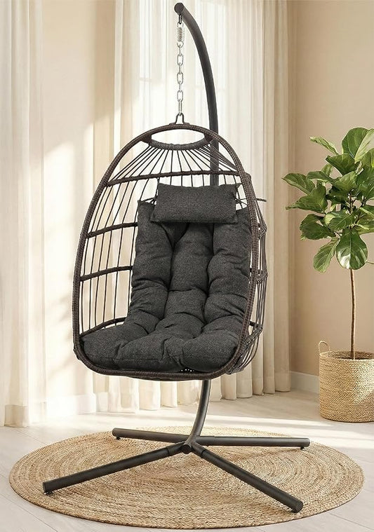 SereneLife Hanging Egg Chair with Stand - Wicker Rattan Outdoor Swing Chair, Powder-Coated Steel Frame, Padded Cushion & Headrest - Ideal Swinging Chair for Bedroom, Patio, Backyard - 350 lbs Load