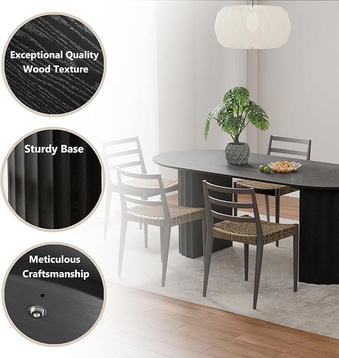 Casaphoria 79" Oval Dining Table, Modern Wood Kitchen Table with Cylinder Strip Concave Base for Living Room & Dining Room, Easy Assembly Farmhouse Furniture for 6-8, Black