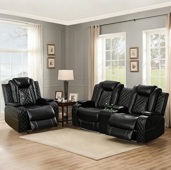 Breathing Leather Power Recliner Sofa Set, 2 Piece Leather Loveseat and Recliner Chair Set, Living Room Furniture Set with Storage Console/LED Lighting (Black, Loveseat+Chair)
