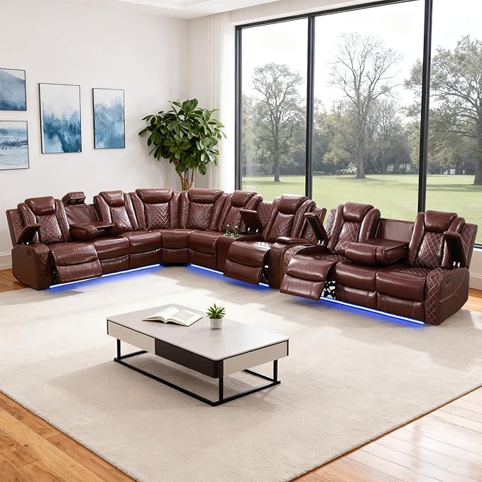 Leather Power Recliner Sectional Sofa Set with LED Light,L Shape Leather Couch Set with 3 Seats Sofa,Modular Corner Couch with USB Port for Living Room Furniture(Red, Sectional+3 Seats)