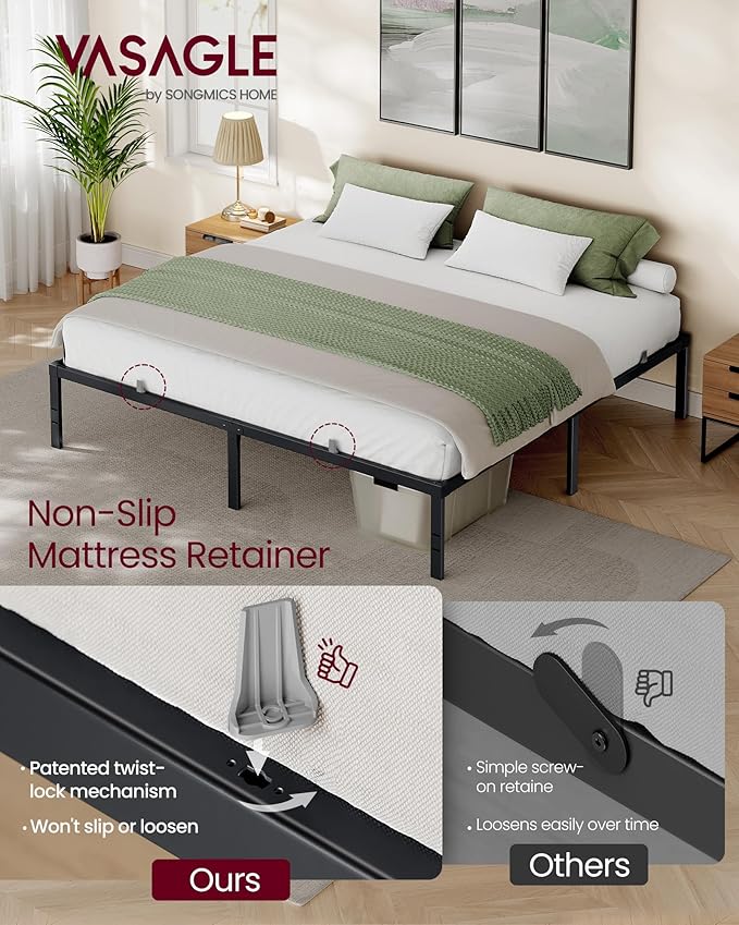 VASAGLE King Metal Bed Frame 16 Inches Tall, 1100 lb Weight Capacity, No Box Spring Needed, with Under-Bed Storage, Easy Setup, Heavy-Duty Platform Bed, Mattress Retainers, Matte Black URMB664BD02S