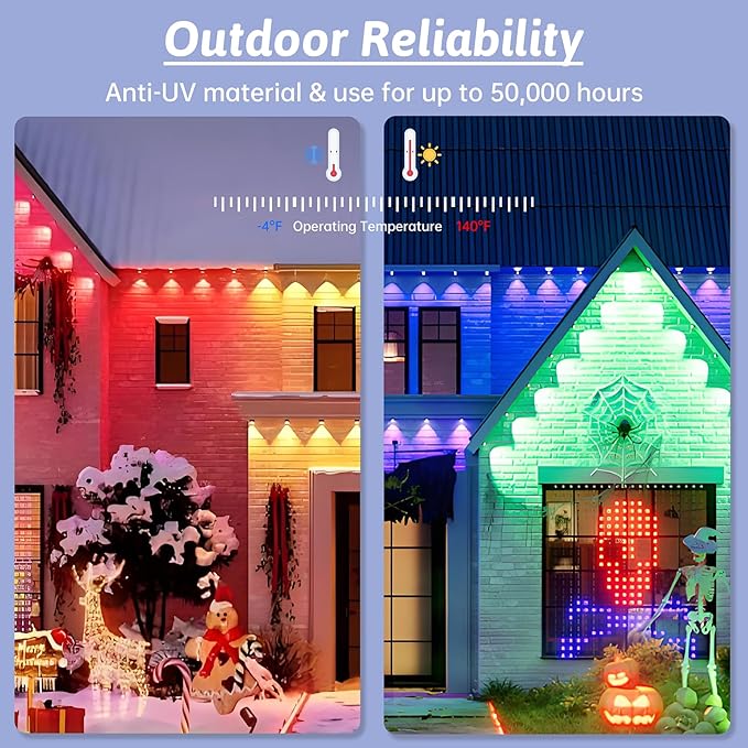 50FT Permanent Outdoor RGB Lights,IP67 Waterproof LED Eaves Lights with Smart App/Remote Control,for Christmas and All Holiday Decor,Daily and Accent Lighting,House Roof and Garden Lighting