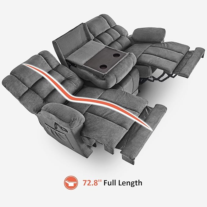 MCombo Zero Gravity Power Recliner Sofa with Drop Down Table, Heat and Vibration Massage, 3 Seater Dual Reclining Couch with USB Ports, Cup Holders for Living Room, Fabric RS6236 (Grey)