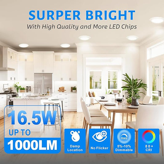 ECOELER 6 Inch LED Disk Light, Aluminum Trim, 4000K Cool White, 16.5W 1000Lm, Dimmable Flush Mount Ceiling Recessed Light Fixture for Bedroom, Garage, Hallway, ETL & FCC Listed
