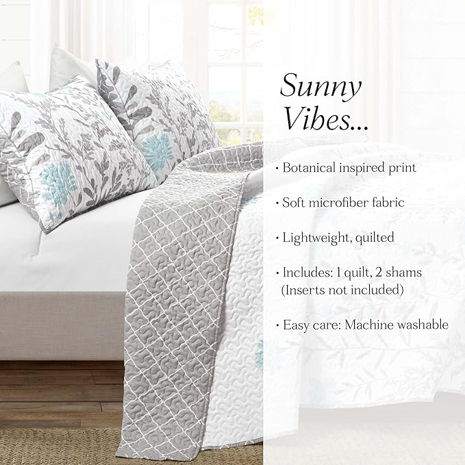 Lush Decor Aprile Reversible Floral Quilt Queen Size 3 Piece Set Full/Queen, Blue & Gray - Bedding Set - Floral Quilt - Cottage Bedroom Décor