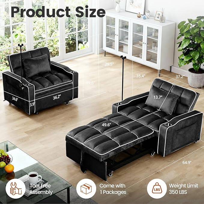 Sleeper Chair, Pull Out Chair Sleeper with Bracket and Cup Holder, Single Convertible Chairs Bed Sleepers for Adults, 3 in 1 Sofa Bed Chairs for Small Spaces, Living Room, Black