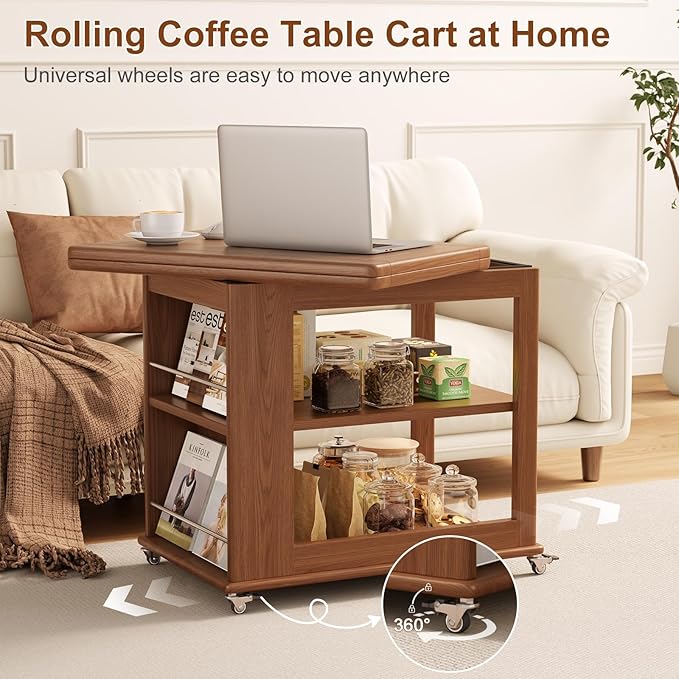 Folding Dining Table with Wheels, Solid Wood Dining Table Stylish 2-Tier Design for 2-4,Walnut Hidden Storage for Living Room,Small Spaces, Dining Room, Kitchen