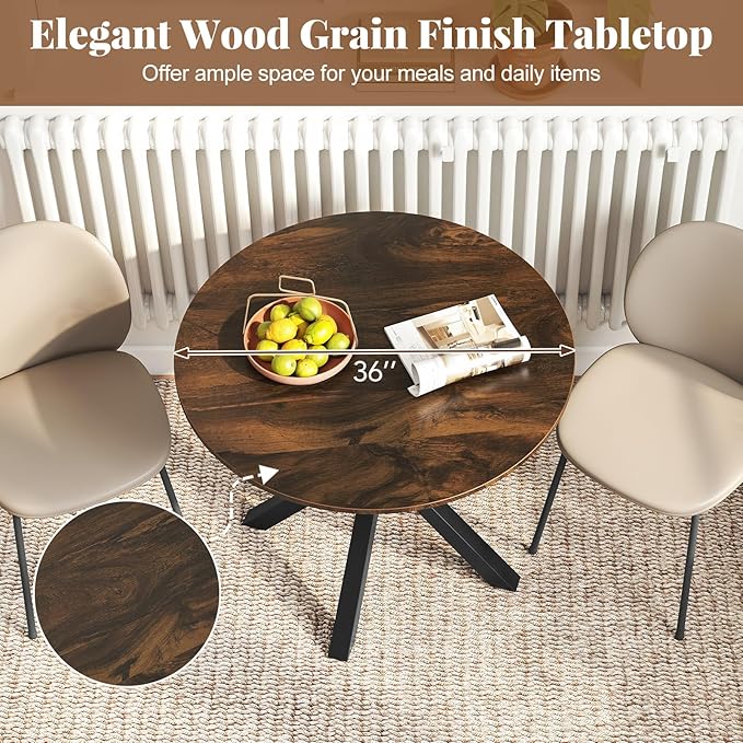 Moccha 36" Round Dining Table for 4 - Rubber Wood Kitchen Table with Intersecting Trestle Legs, Vintage Bar Table, Farmhouse Dining Room Tables for Dinette, Small Space, Restaurant, Bistro (Brown)