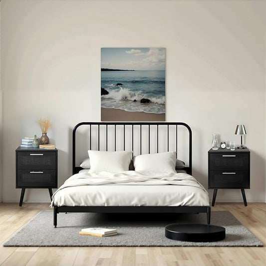 Finnhomy Nightstand, End Table, Side Table with 2 Hand Made Rattan Decorated Drawers, Nightstands Set of 2, Wood Accent Table with Storage for Bedroom, Full Black, 2 Pack