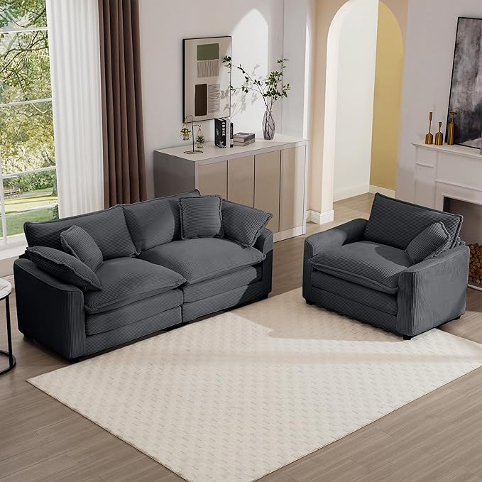 KEIKI 2-Piece Sofa Set with 1 Oversized Corduroy Loveseat Sofa & 1 Single Sofa, Upholstered 3-Seater Couch Set with 5 Pillow, High-Density Foam Cushions, Removable Armrests, for Living Room, Grey