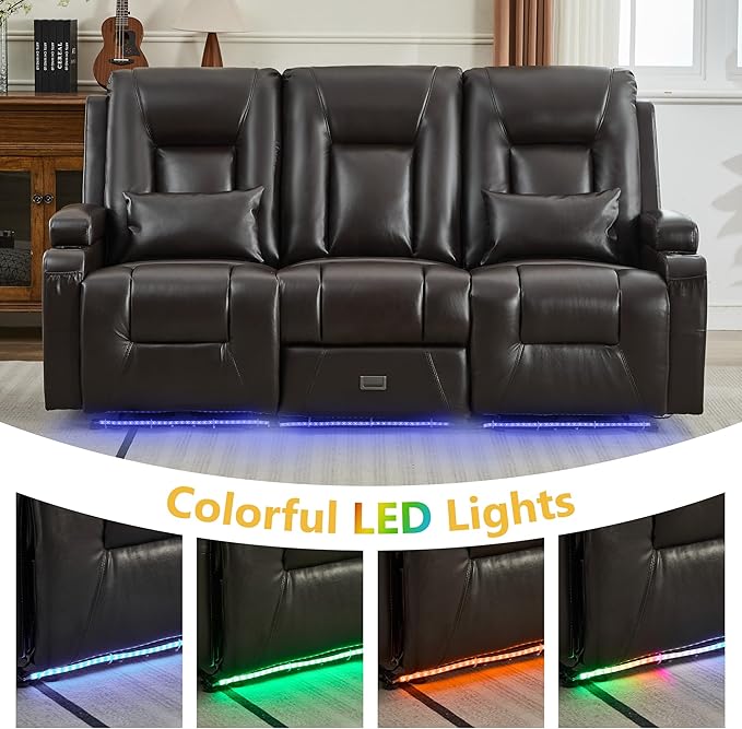 URRED Power Loveseat Recliner Sofa with Console, Wall Hugger Reclining Loveseat RV Couch with LED Light, 150° Zero Gravity Recliners Modular Couches for Living Room (Glossy Brown, 77.3'' - 3 Seats)