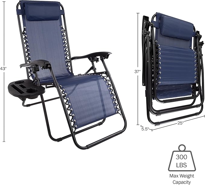 Zero Gravity Chairs - Set of 2 Outdoor Chairs with Side Tables with 2 Cupholders, Phone, and Tablet Holder and Chair Pillow by Lavish Home (Navy)