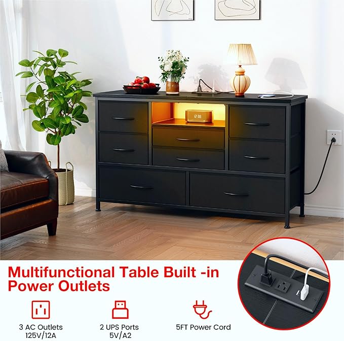 Jojoka 8-Drawer LED Dresser TV Stand with Power Outlet for 55'' TV - Wide Storage Chest for Bedroom, Living Room & Entryway, Wood Top Console Table with 22 Light Modes