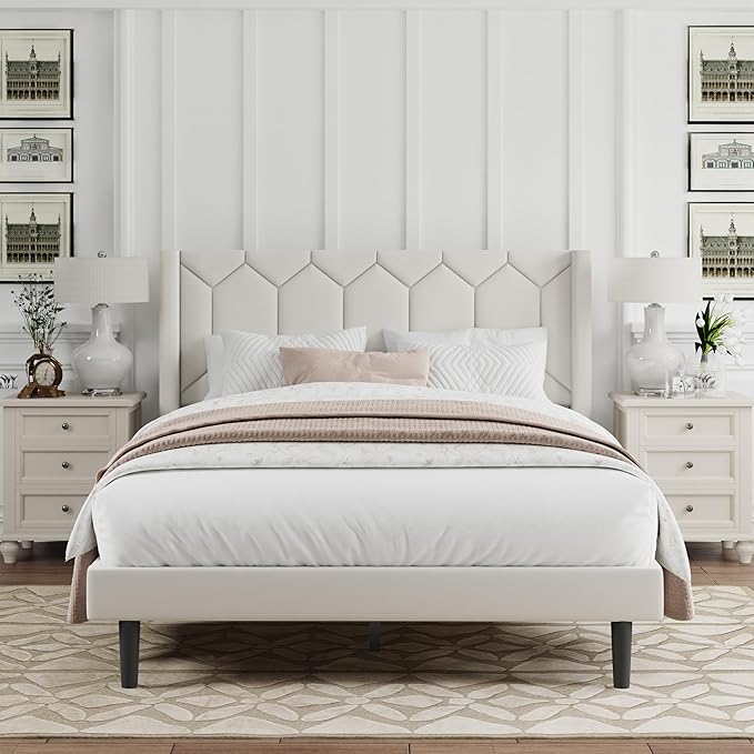 Full Size Bed Frame with Velvet Upholstered Headboard, Platform Bed Frame No Box Spring Needed, Modern Bedframe with Strong Wooden Slats, Beige