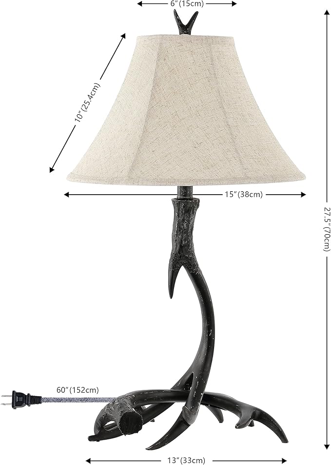 JONATHAN Y 27.5" Black Antler Rustic Resin Table Lamp for Living Room Bedroom, Light Grey Linen Shade, Farmhouse Lodge Nightstand Lamp, LED Bulb Included (JYL6305C)